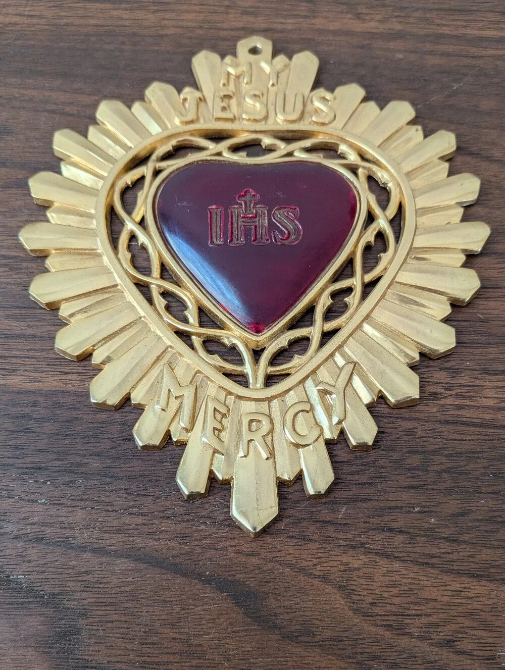 Vintage 1950's Brass Ex Voto My Jesus IHS Mercy Plaque Red Heart Wall Hanging